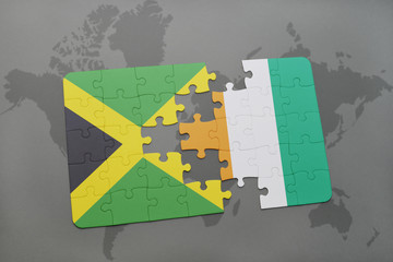 puzzle with the national flag of jamaica and cote divoire on a world map