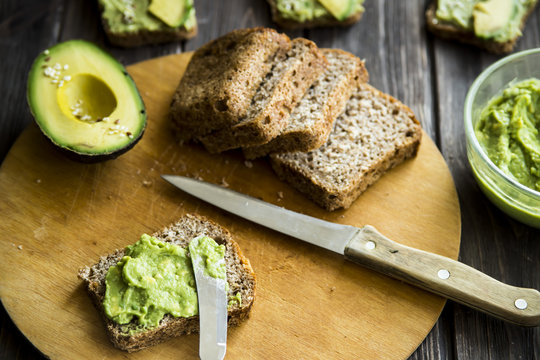 Buckwheat sliced bread for sandwiches with avocado paste. cheese and healthy food for venaga