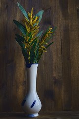 bouquet of yellow sprigs of acacia, mimosa in a white vase with blue squares, with a narrow neck on the old wooden brown background