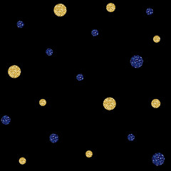 SEAMLESS BLUE AND GOLD DOT GLITTER PATTERN ON BLACK BACKGROUND