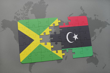 puzzle with the national flag of jamaica and libya on a world map