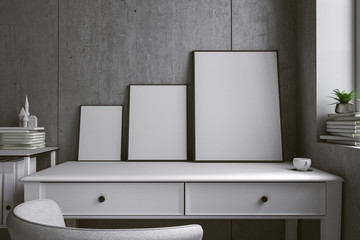 3d rendering : illustration of white mock up frame. hipster background. mock up white poster or picture frame. living room interior.white shelf with frame. loft cement wall. clipping path included