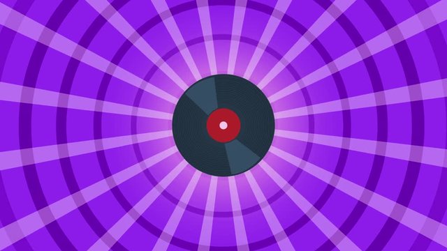 Animation of colorful cartoon old retro vinyl gramophone disc rotation with sound waves and sunburst background loop with space for your text or logo. Abstract illustrated Music Background