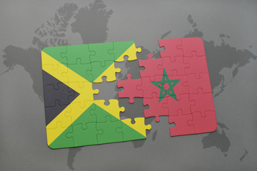 puzzle with the national flag of jamaica and morocco on a world map