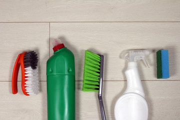 Cleaning products  on wooden floor