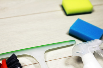 Cleaning products  on wooden floor