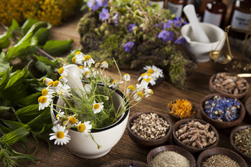 Obraz na płótnie Canvas Herbal medicine on wooden desk background