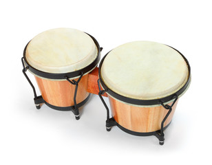 Bongos percussion, traditional african drum. Musical instrument on white background.