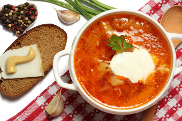 borsch borscht borshch in plate with wood spoon and black bread isolated on white