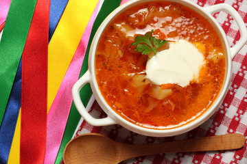 borsch borscht borshch in plate with wood spoon and black bread isolated on white