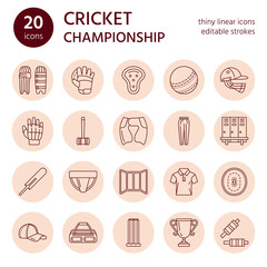 Vector line icons of cricket sport game. Ball, bat, wicket, helmet, batsman gloves. Linear signs set, championship pictograms with editable stroke for event, equipment store.