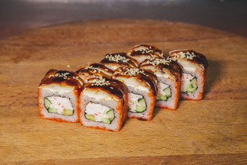 sushi on a wooden tray