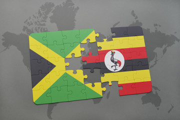 puzzle with the national flag of jamaica and uganda on a world map