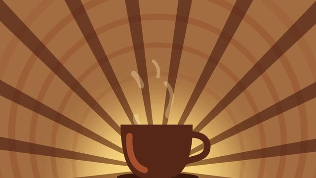Animation of colorful cartoon steaming hot drink over brown sunburst rotation background loop with space for your text or logo. cup of hot coffee or tea, abstract background.