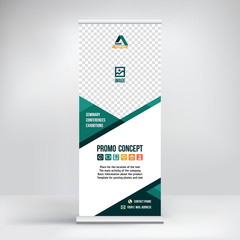 Banner roll-up vector, green graphic template for the exhibition stand, for the conference, accommodation advertising information and photos. Background vector