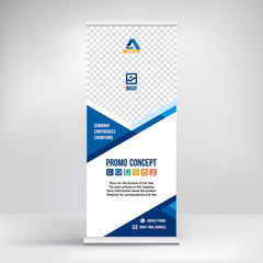 Banner roll-up vector, blue graphic template for the exhibition stand, for the conference, accommodation advertising information and photos. Background vector