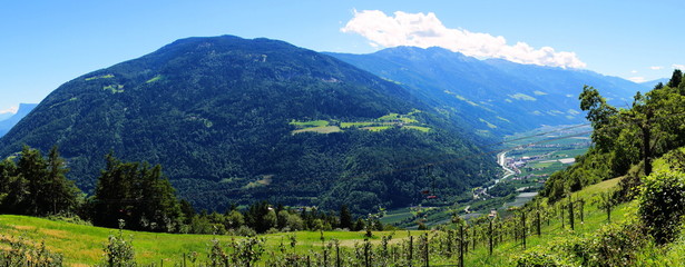 Fototapeta na wymiar Berglandschaft bei Meran in Südtirol, verstreut liegen die Häuser von Quadrat 