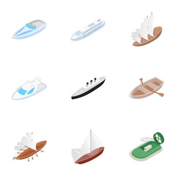 Sea ship, boat and yacht icons, isometric 3d style