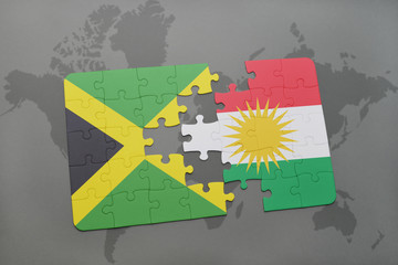 puzzle with the national flag of jamaica and kurdistan on a world map