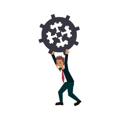 man holding a gear wheel over white background. colorful design. vector illustration