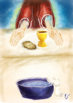 Maundy or Holy Thursday abstract artistic illustration in watercolor style. Last supper of Jesus Christ, with bread and wine and water for washing of the feet.
