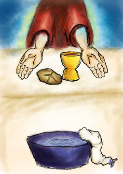 Maundy or Holy Thursday abstract artistic illustration in watercolor style. Last supper of Jesus Christ, with bread and wine and water for washing of the feet.