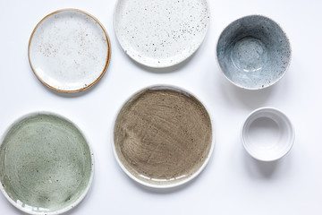 ceramic tableware top view on white background mock up