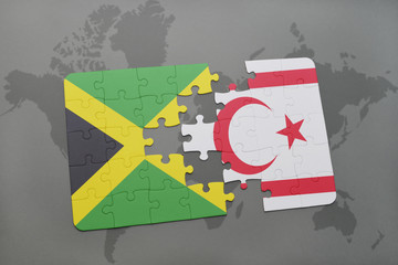 puzzle with the national flag of jamaica and northern cyprus on a world map