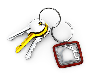 3d Illustration of Door keys with wood keychain isolated white