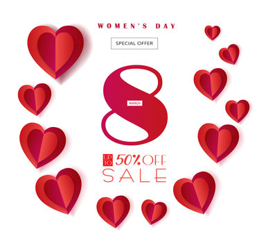 8 March. Sale Discount banner for Happy Women's Day, Eighth March. Spring Holiday Sale, gift card, coupon. Futuristic, modern design. Marketing. Advertising. Vector illustration