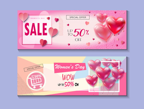 Sale Discount banners set for Happy Women's Day, Eighth March. Spring Holiday Sale, gift card, coupon. Futuristic, modern design. Marketing. Advertising. Vector illustration