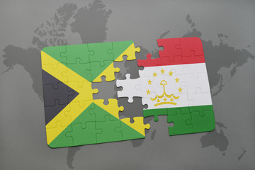 puzzle with the national flag of jamaica and tajikistan on a world map