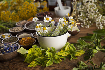 Natural medicine, herbs, mortar on wooden table background