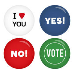 Set of colorful pin badges isolated on white background. Vector illustration.