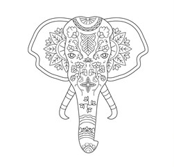Vector hand drawn elephant with indian tradition pattern on the skin for adult coloring book.