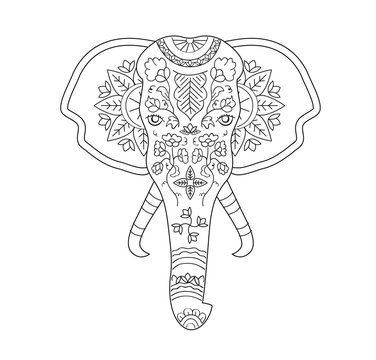 Vector hand drawn elephant with indian tradition pattern on the skin for adult coloring book.