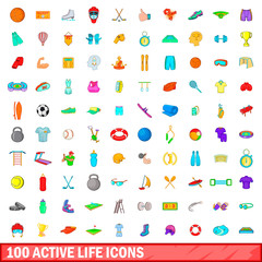 100 active life icons set, cartoon style