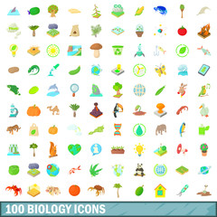 100 biology icons set, cartoon style