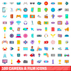 100 camera and film icons set, cartoon style