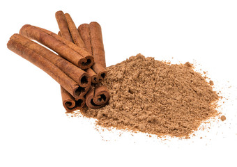 Cinnamon sticks and  cinnamon powder isolated on white background,top view