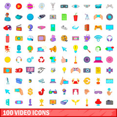 100 video icons set, cartoon style