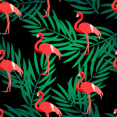 Naklejka premium Seamless pattern with flamingo and green palm branches. Ornament for textile and wrapping. Vector summer background.