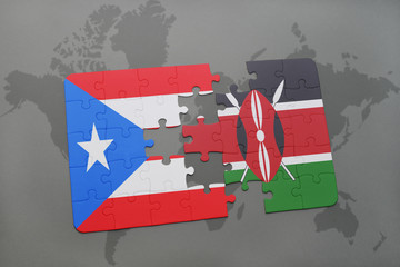puzzle with the national flag of puerto rico and kenya on a world map