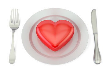 Red heart on a plate with fork and knife. Valentines day concept, 3D rendering