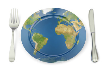 World Map on a plate with fork and knife. International cuisine concept, 3D rendering