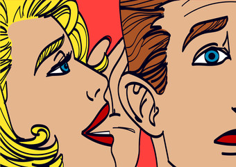 Woman whispering in mans ear drawing vector illustration. Colorful, eps 10