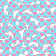 Lingerie seamless pattern with pink hearts. Vector underwear background