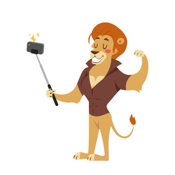 Funny picture lion photographer mamal person take selfie stick in his hand and cute animal taking a selfie together with smartphone camera vector illustration.