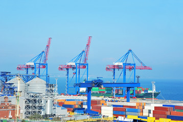 Fototapeta premium Port cargo crane, ship and container