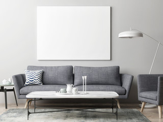 Mock up poster in hipster living room background, 3d illustration